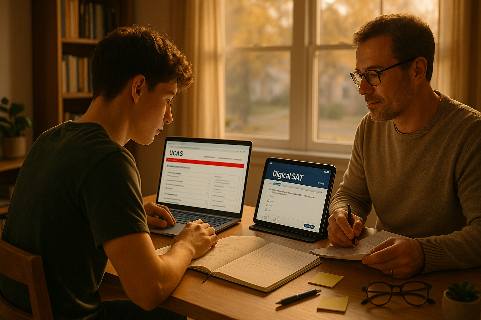 Photo Idea : A student at a desk with a laptop open to UCAS and a tablet showing the Digital SAT platform; warm lighting, a parent reviewing notes nearby.