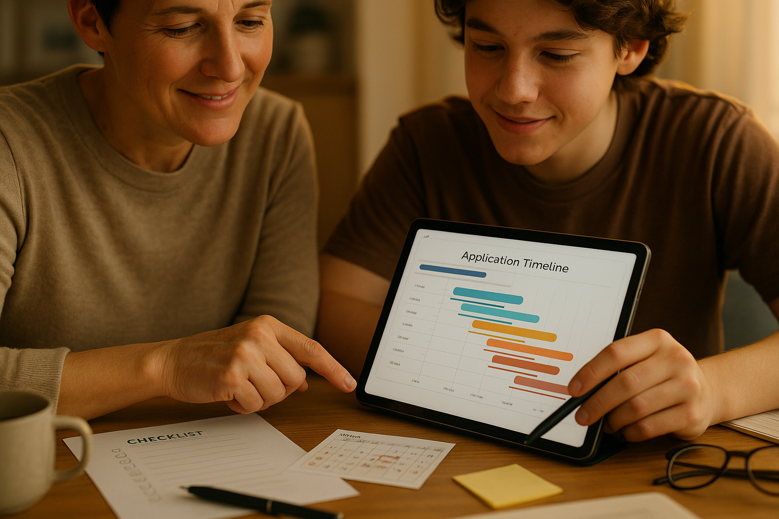 Photo Idea : Close-up of a parent and student reviewing an application timeline on a tablet, with a printed checklist and a calendar visible. Warm, collaborative mood.