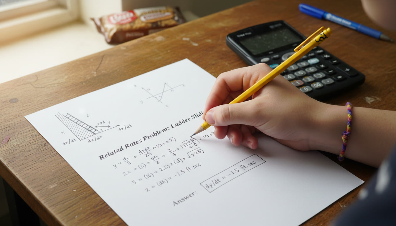Photo Idea : Close-up of a student’s hand working a related-rates problem on paper beside a graphing calculator; the page shows equations, a small diagram of a ladder sliding, and a boxed answer—highlights how algebra and diagramming combine in real problems.