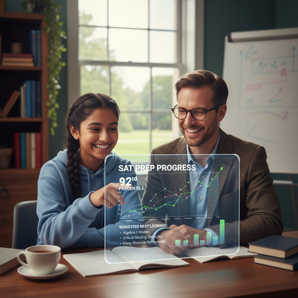 Student and tutor looking at a progress dashboard; dashboard shows percentile trends across practice tests and suggested next lessons