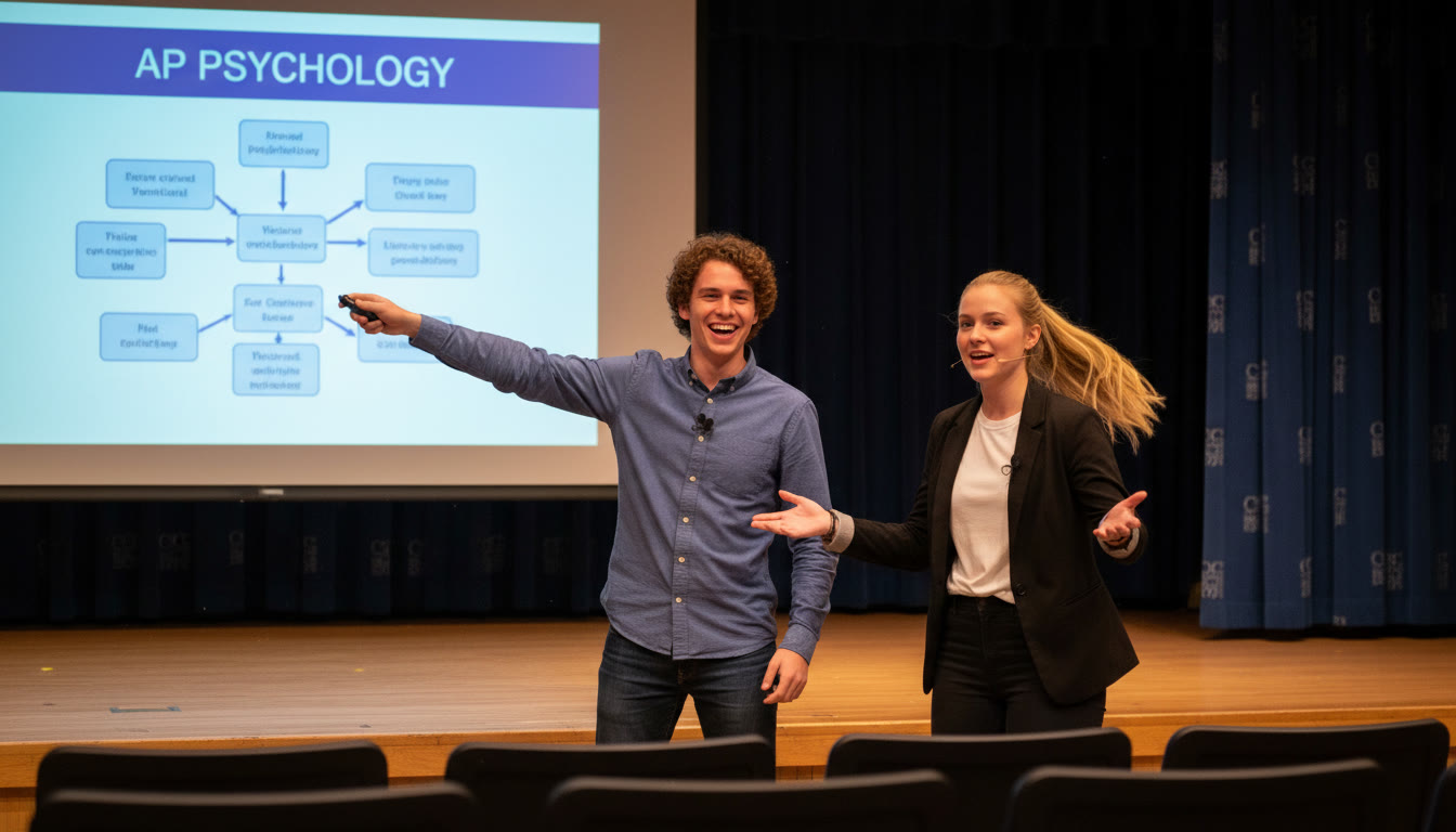 Photo Idea : Two students on stage during a rehearsal, one turning the slide with a clicker while the other gestures confidently—capture motion and teamwork during a live run-through. Place this image around the middle of the article to emphasize rehearsal partnership.