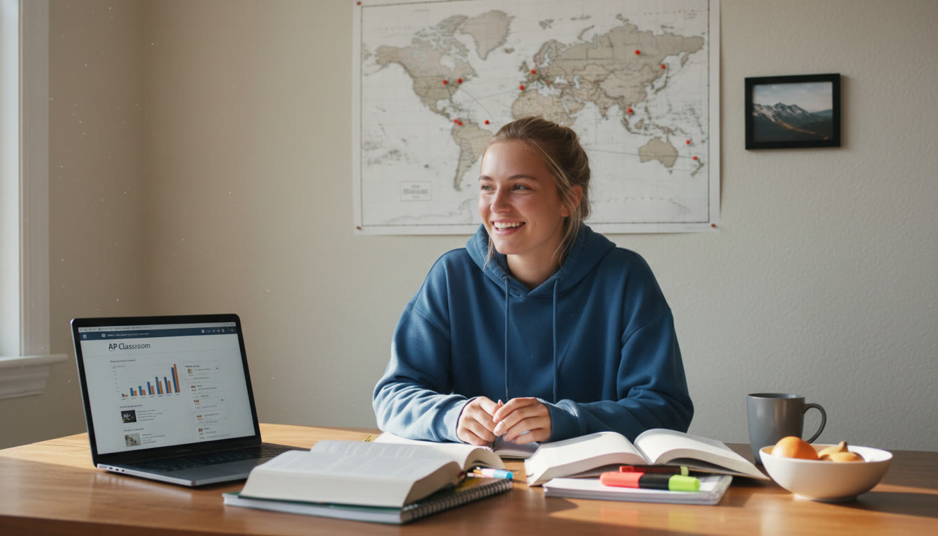 Photo Idea : A bright, candid photo of a student at a kitchen table with textbooks, a laptop open to AP Classroom resources, and a world map pinned on the wall—conveys study and travel planning together.