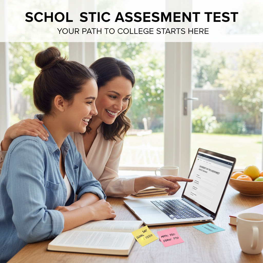 Photo Idea : A thoughtful student and parent at a kitchen table with a laptop open to a college application portal; subtle post-it notes with SAT score goals visible.