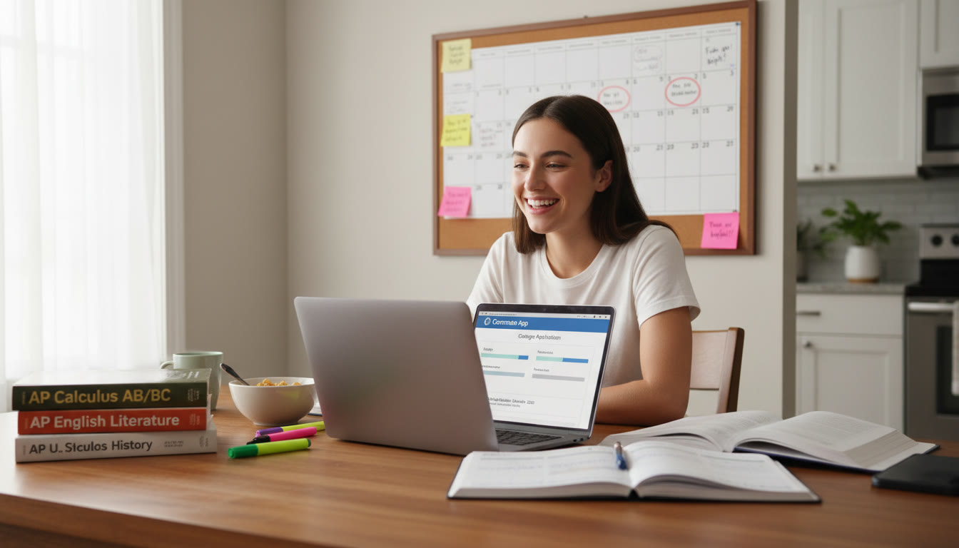Photo Idea : A focused student at a kitchen table with AP textbooks and a laptop displaying a college application portal, calendar on the wall marked with test and application deadlines.