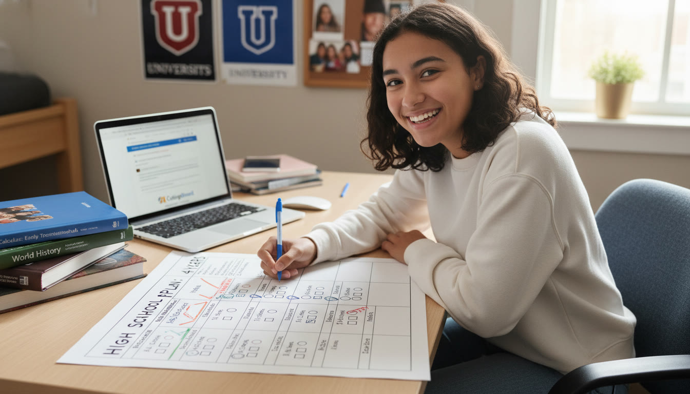 Photo Idea : A student at a desk with textbooks and a laptop, mapping out a multi-year high school plan on paper — calendar, arrows, and checkboxes. Bright, approachable, real-student vibe.
