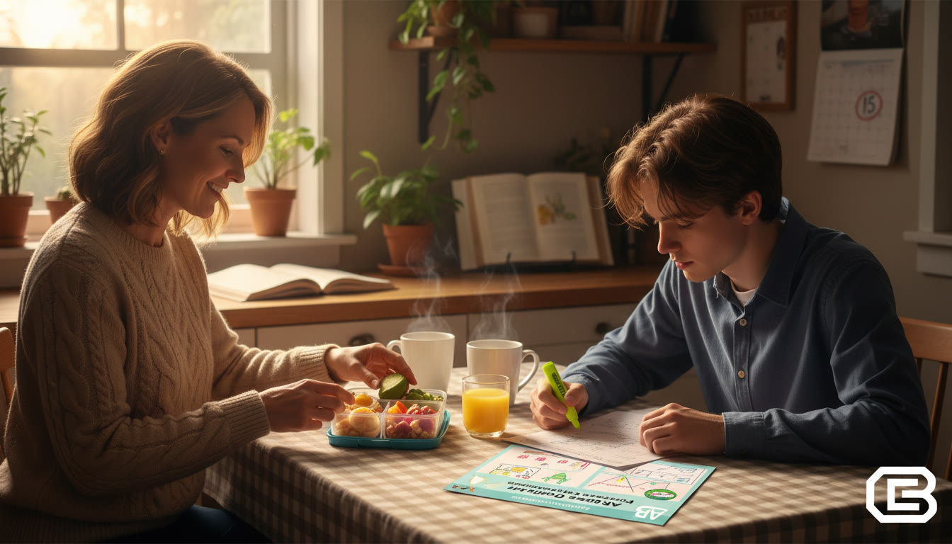 Photo Idea : A cozy kitchen scene early morning—parent packing a healthy bento-style exam-day breakfast while a student looks over a short, colorful worksheet. Warm light, practical calm.