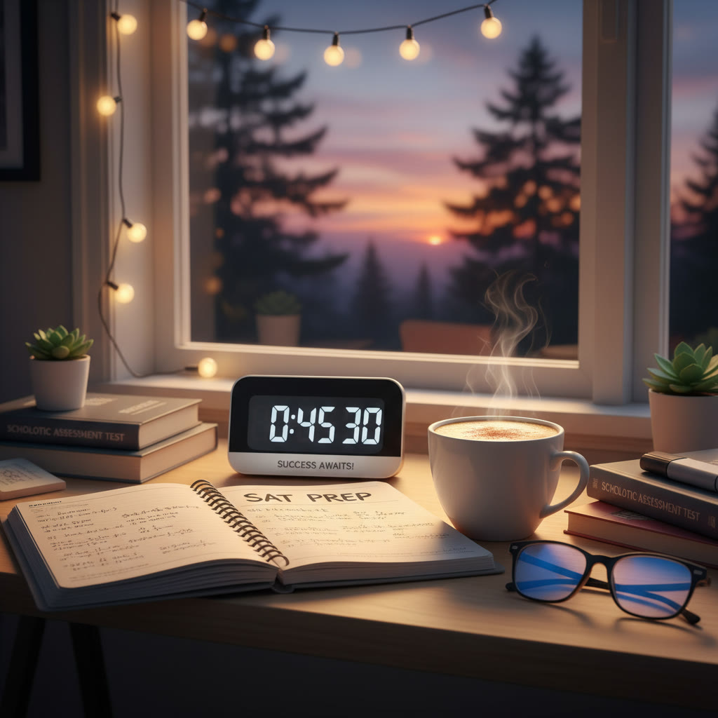 Photo idea: A cozy study desk by a window in the evening, with a notebook open, a timer, and a warm drink to suggest a calm, focused study session.
