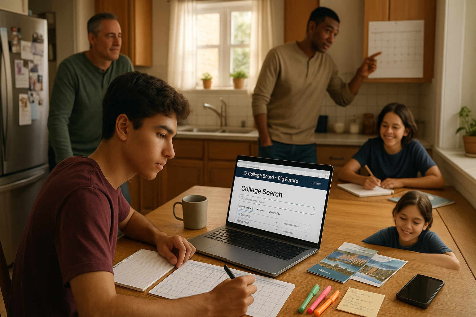 Photo Idea : A student sitting at a kitchen table with a laptop, family members nearby, making a calm plan with a visible College Board BigFuture page on the screen.