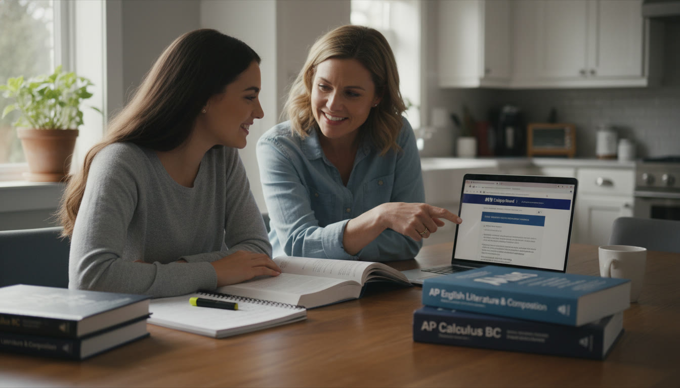 Photo Idea : A warm, candid shot of a parent and teenager at a kitchen table, laptop open, AP prep books and a notepad spread out—natural light, relaxed expressions showing partnership and focus.