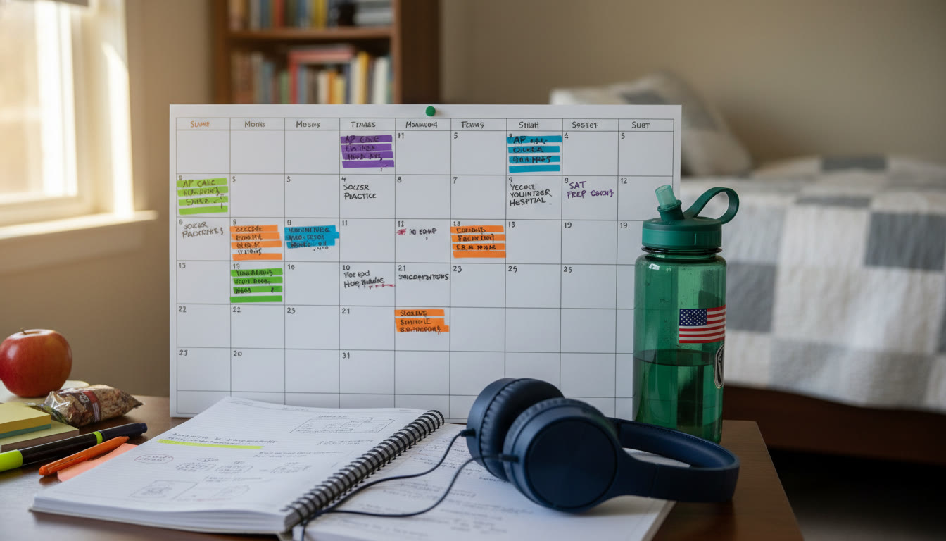 Photo Idea : A close-up of a desk with a color-coded calendar, headphones, an open AP notebook, and a sports water bottle—symbolizing the organized, blended life of an AP student with extracurricular commitments.