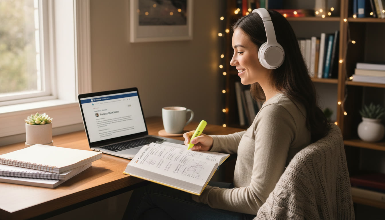 Photo Idea : A student at a desk in a cozy corner with headphones on, highlighter in hand, laptop open to AP practice questions—soft daylight streams in.