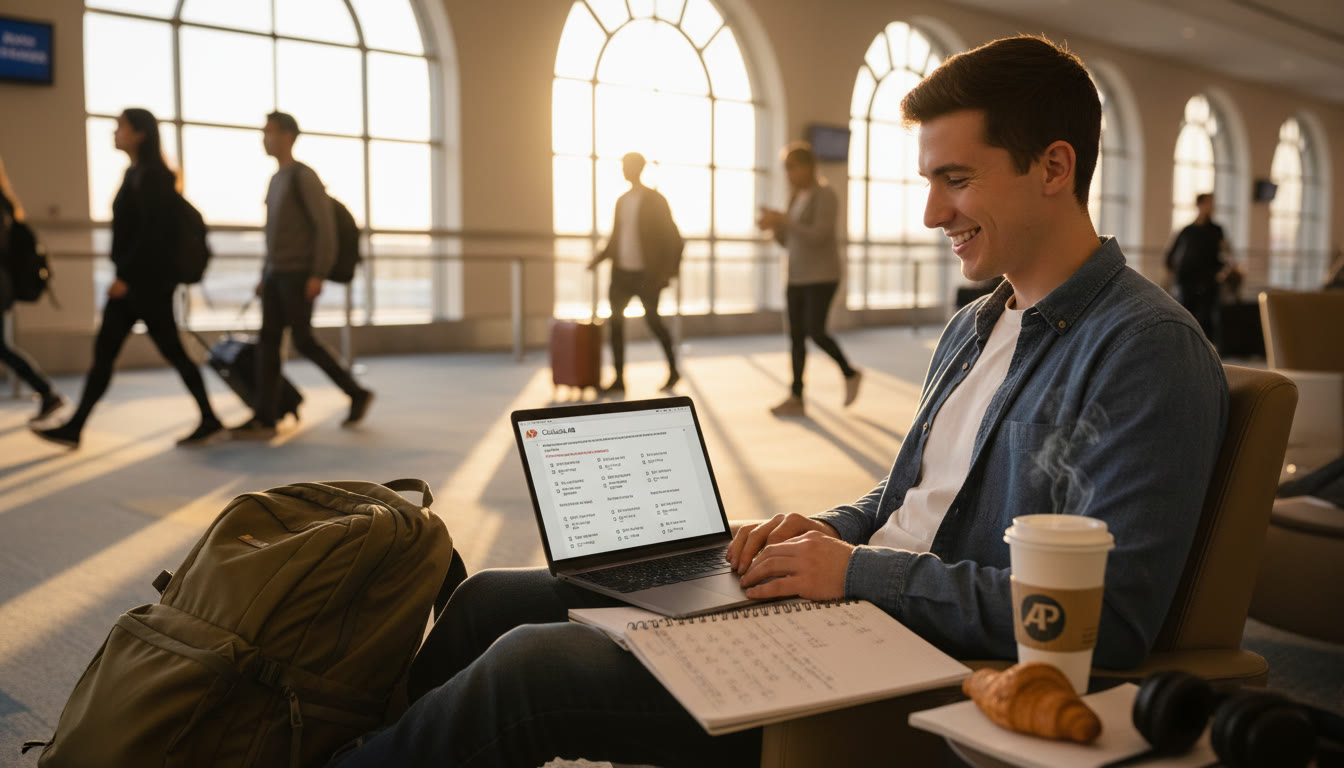 Photo Idea : A cozy airport study scene—student with a backpack and laptop, a notebook open with AP practice problems, a coffee cup on the side, golden hour light.