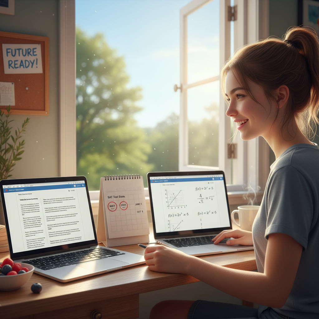 Photo Idea : A focused student at a desk with two open laptops showing SAT practice questions and a calendar with test dates circled — warm morning light, natural scene.