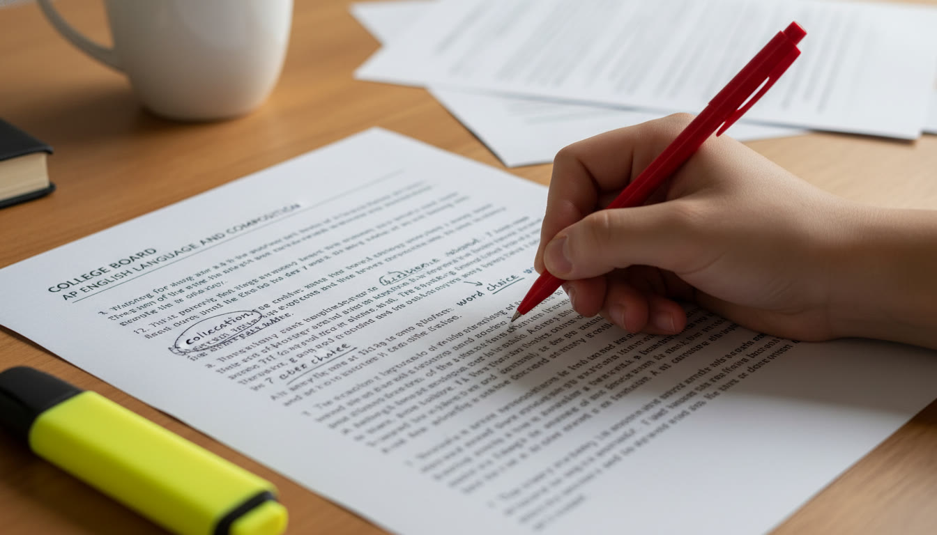 Photo Idea : A close-up of a student's hand annotating a printed AP essay with notes like 