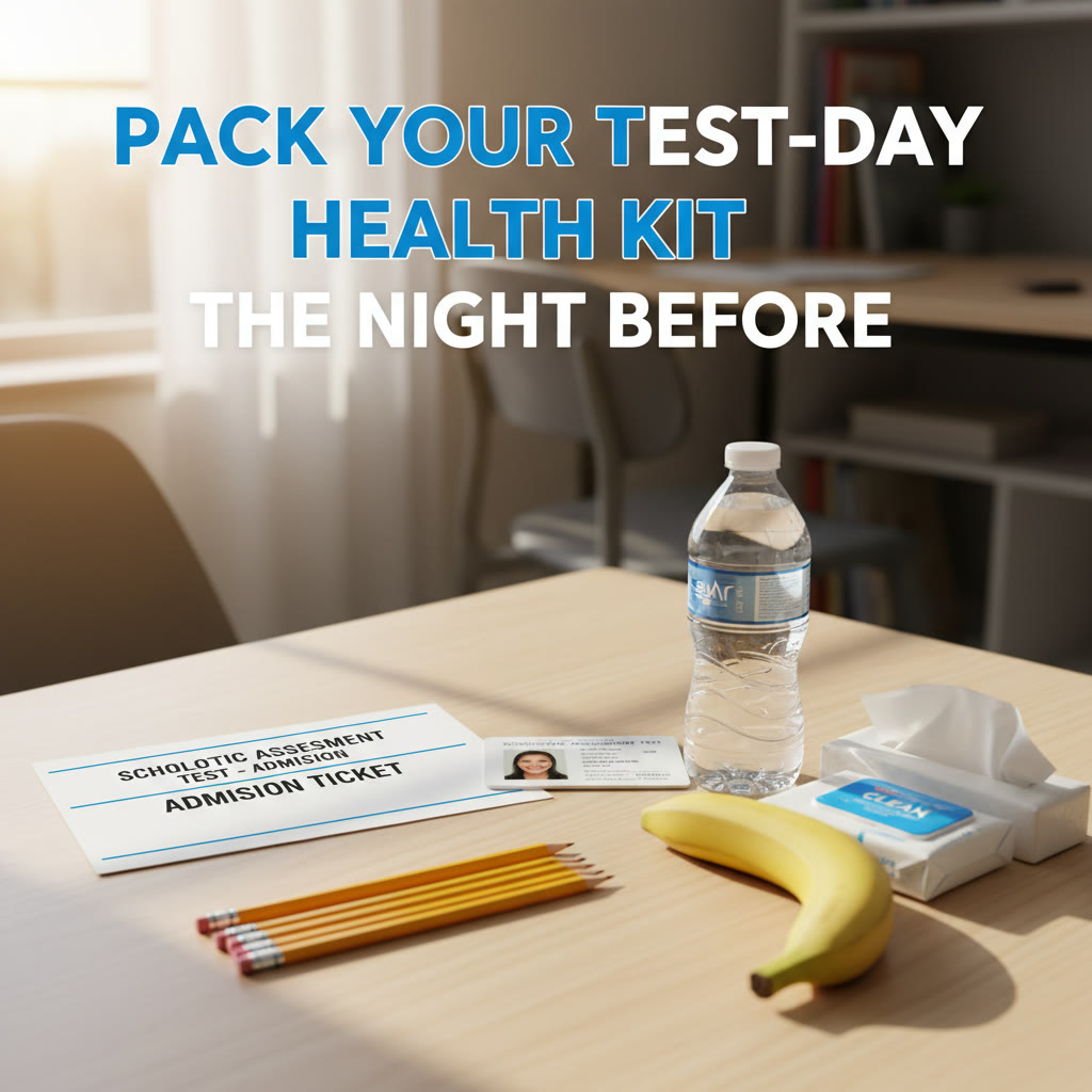 Photo idea: A neatly packed SAT test kit laid out on a table — admission ticket, ID, pencils, water bottle, banana, tissues, and a small pack of disinfectant wipes. Caption: 