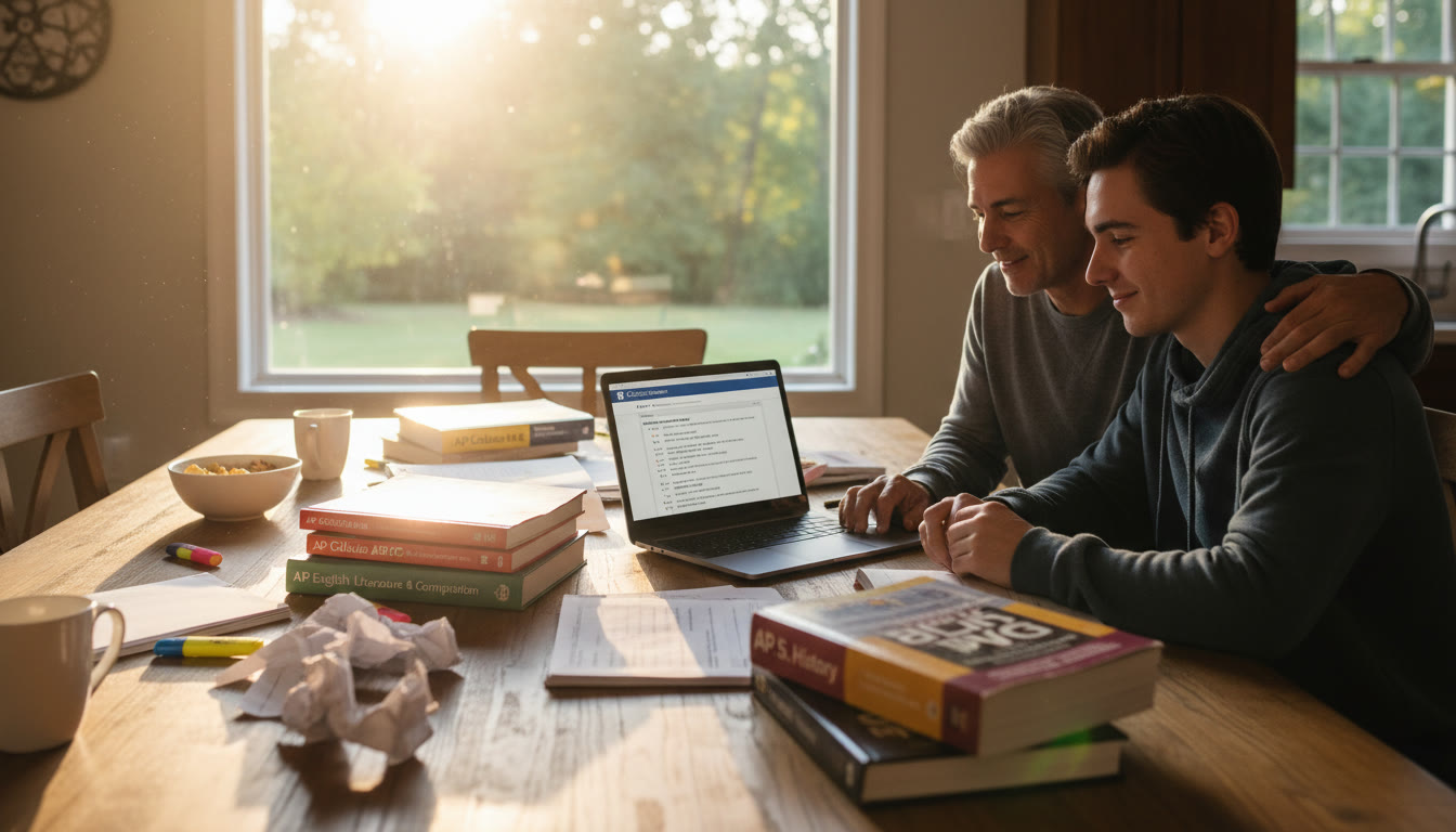 Photo Idea : A photo taken from behind a parent and student at a kitchen table strewn with AP prep books, highlighters, printed practice pages, and a laptop open to a practice exam — warm morning light, candid, human.