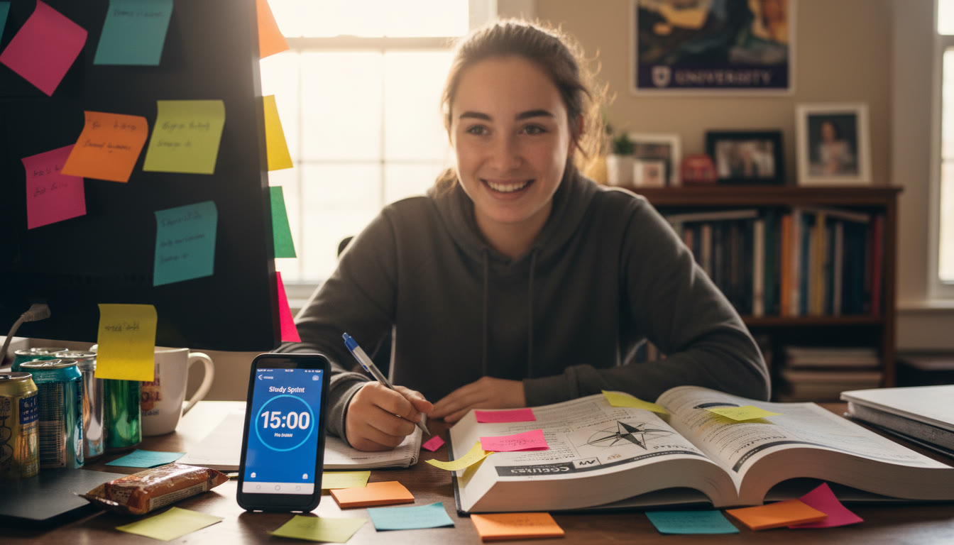 Photo Idea : A candid shot of a high school student at a desk with colorful sticky notes, a timer app visible on their phone, and an open AP textbook—showing the feel of focused short-sprint studying.