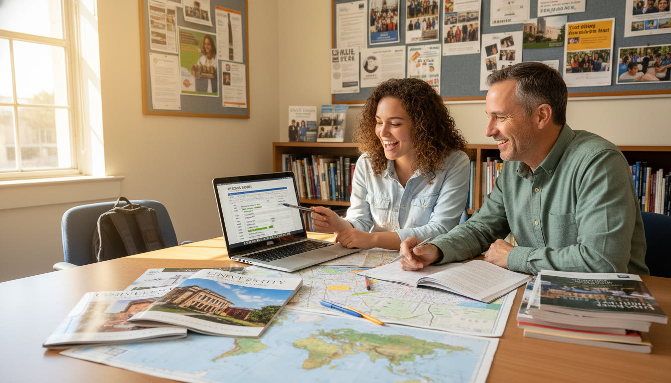 Photo Idea : A bright university advising office scene — a student and an academic advisor looking at a laptop together with an AP score report open, maps and course catalogs spread on the table — illustrates next-step planning after scores arrive.