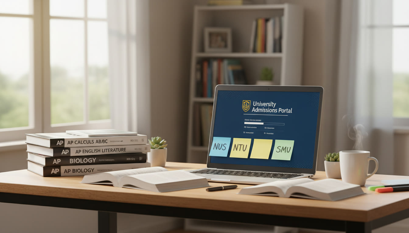 Photo Idea : A bright study desk with AP practice books, a laptop showing a university portal, and sticky notes labeled NUS, NTU, SMU—visualizing the planning stage for applicants.