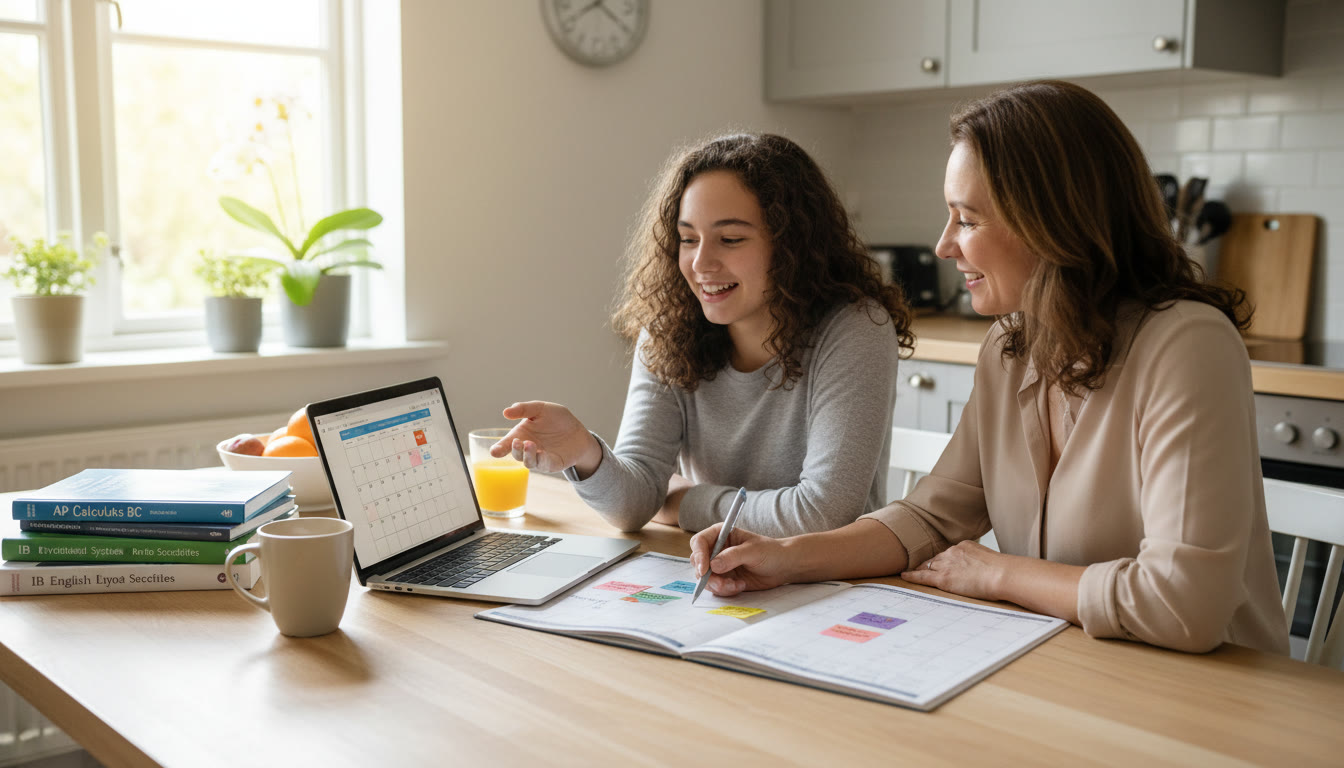 Photo Idea : A parent and teen at a kitchen table planning their school year on a laptop and a paper calendar, with AP and IB textbooks nearby. Conveys family collaboration and planning.