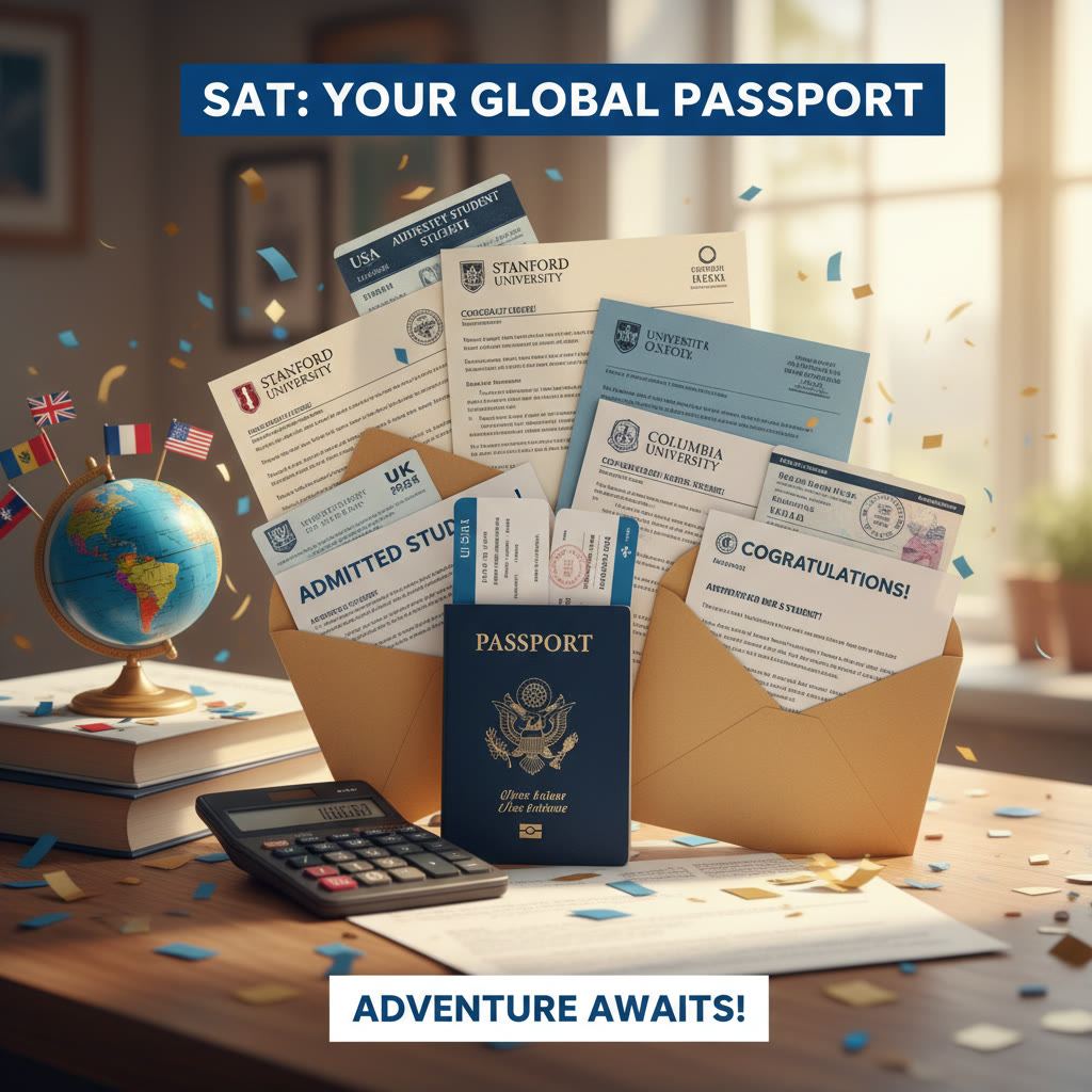 Photo Idea : A collage of acceptance envelopes and a passport, representing international applications and readiness to study abroad—bright, hopeful, and celebratory.