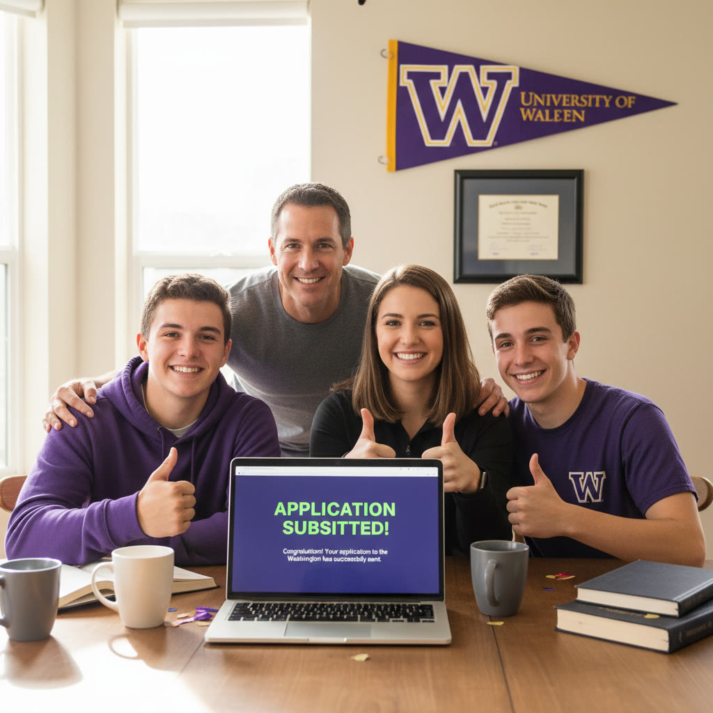 Photo Idea : A celebratory scene — a family on application day looking at a laptop showing a 