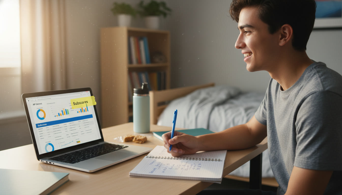 Photo Idea : A student at a desk, laptop open to a colorful, annotated AP score report. The student looks thoughtfully at a highlighted subscore section, pen in hand, planning next steps.