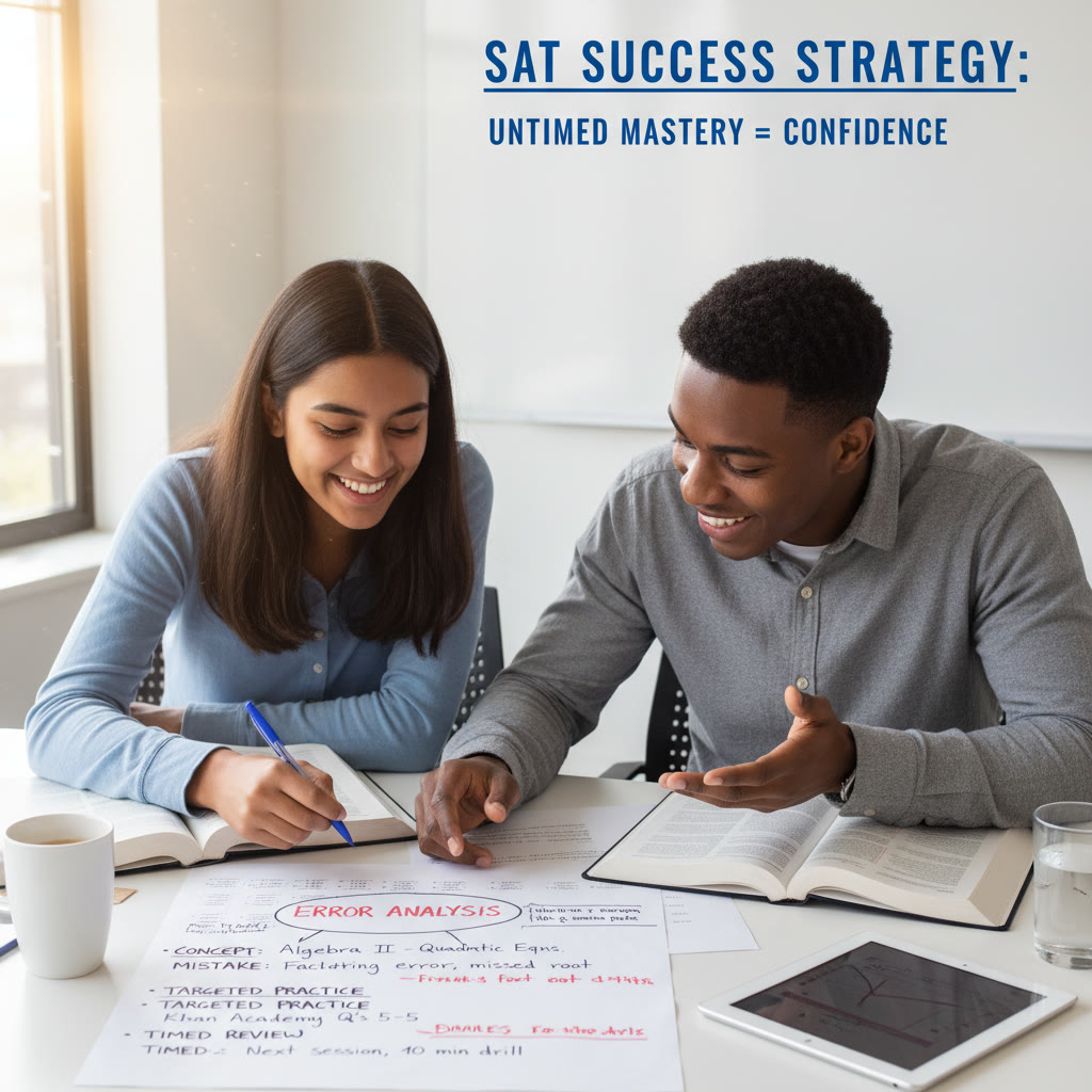 Student reviewing problems with a tutor, pointing at detailed error analysis on paper—conveys personalized guidance and targeted untimed review.