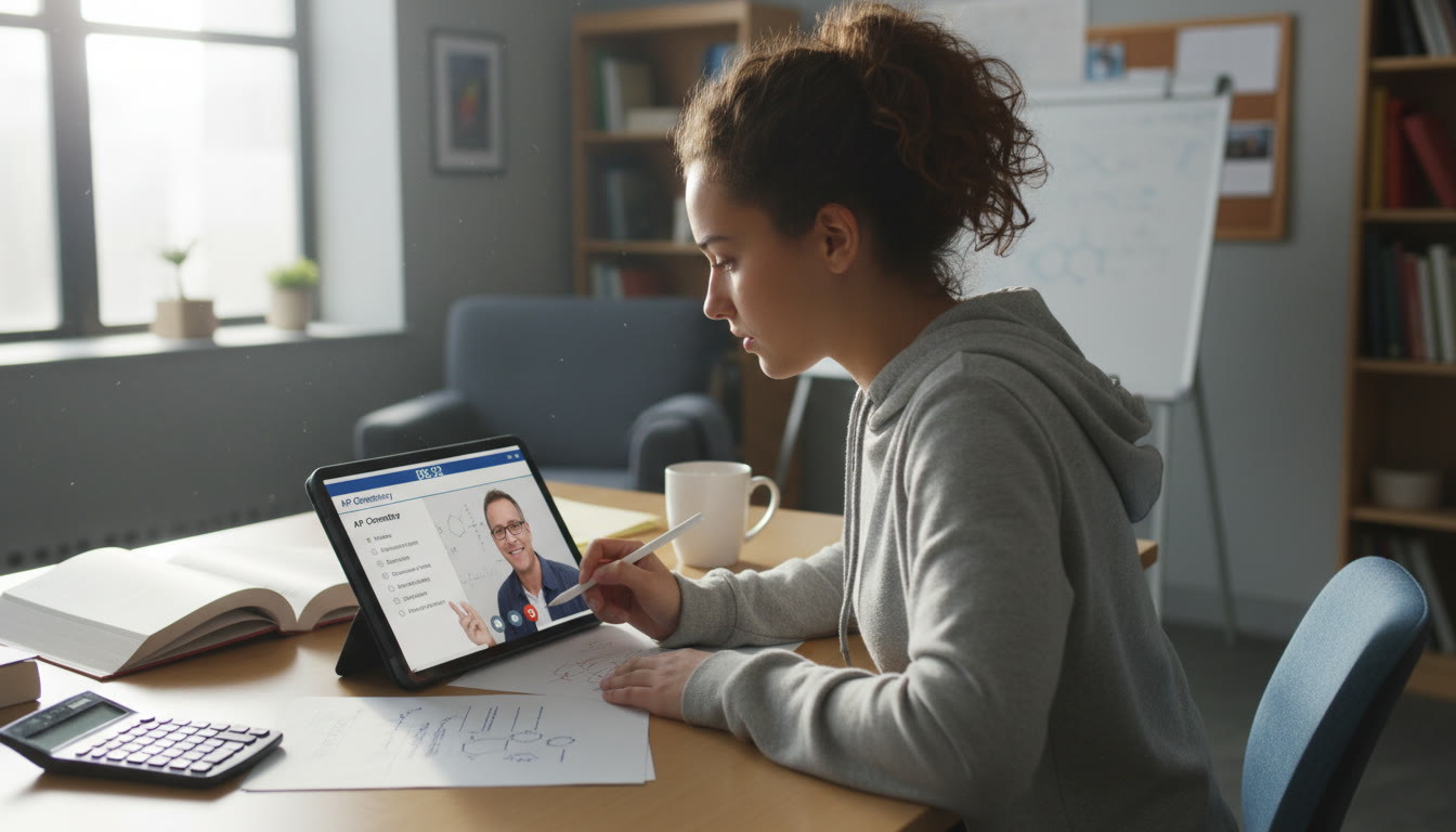 Photo Idea : A student at a desk taking a timed practice test with a coach or tutor visible on a tablet screen — this represents focused, guided late-prep work.