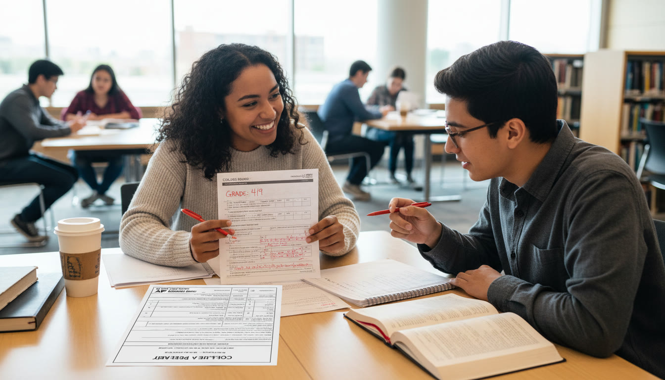 Photo Idea : A tutor and student reviewing a graded FRQ together, pointing at rubric items and notes, showing collaborative feedback and focused improvement.