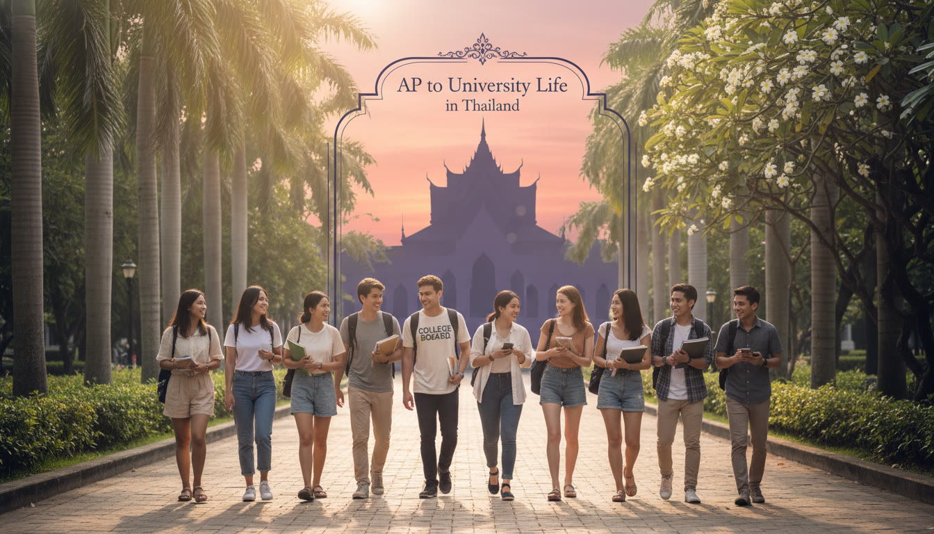 Photo Idea : A campus scene of students walking under tropical trees with a Chulalongkorn or Mahidol–style academic building silhouette (generic, not trademarked) — suggests the transition from AP study to university life in Thailand.