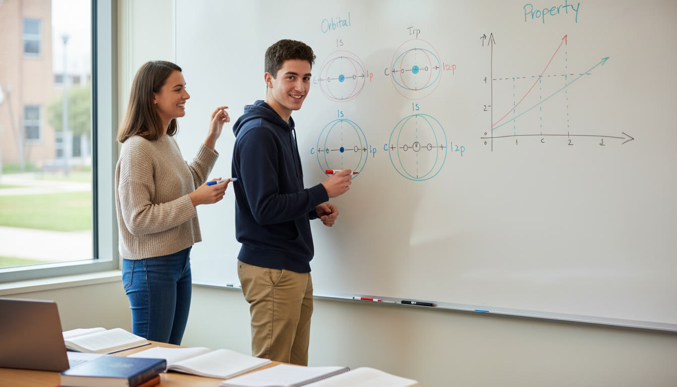Photo Idea : A tutor and student at a whiteboard sketching orbital diagrams and discussing a periodic trend graph—illustrates 1-on-1 guidance and active problem solving.