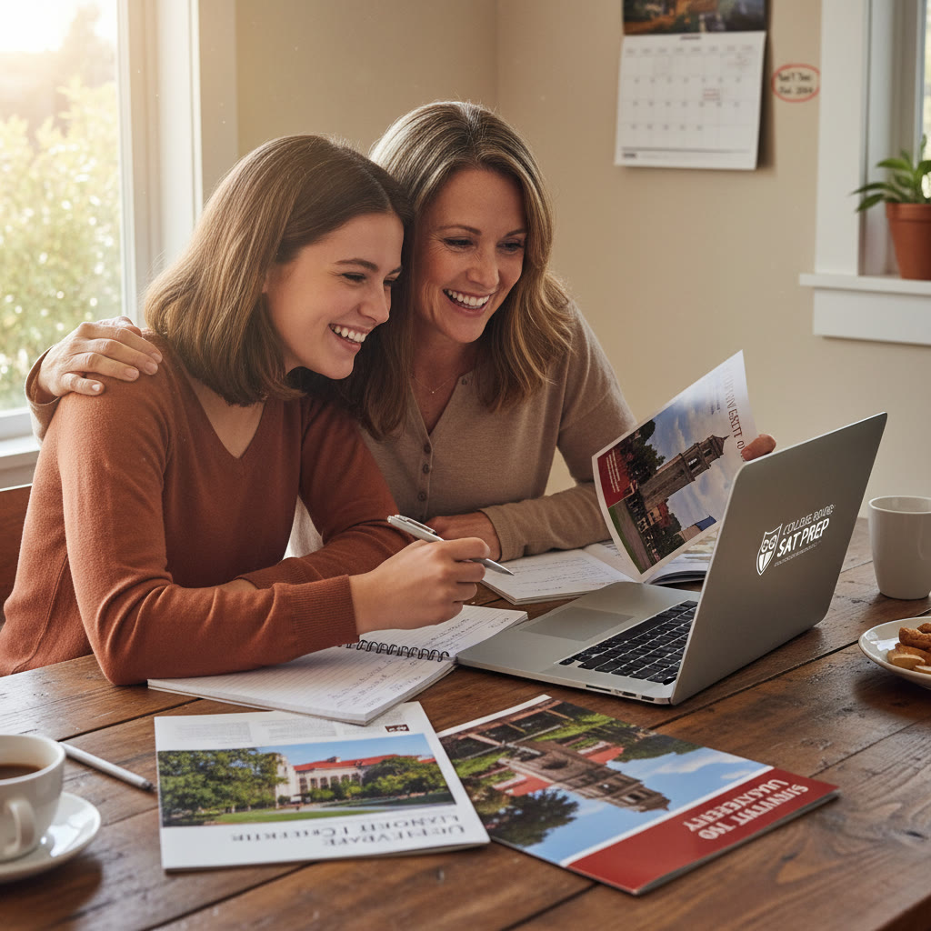 Photo Idea : A warm, candid photo of a student and parent looking at college brochures and a laptop together, smiling and taking notes — natural, hopeful, and collaborative.
