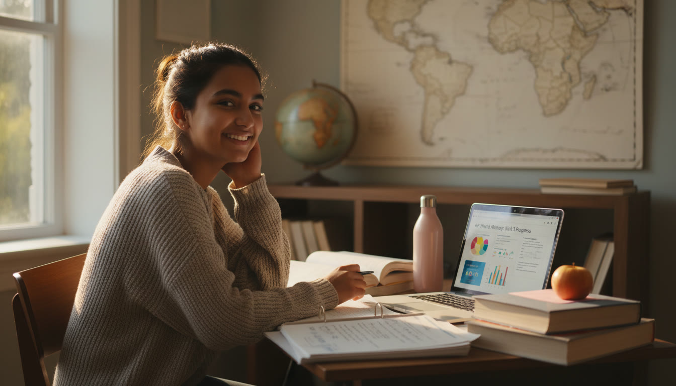 Photo Idea : A candid, warm photo of a teenager studying at a small desk with a globe or map of Africa in the background — natural light, notes spread out, laptop open to a study platform. This belongs near the top of the article to set context about international AP students.