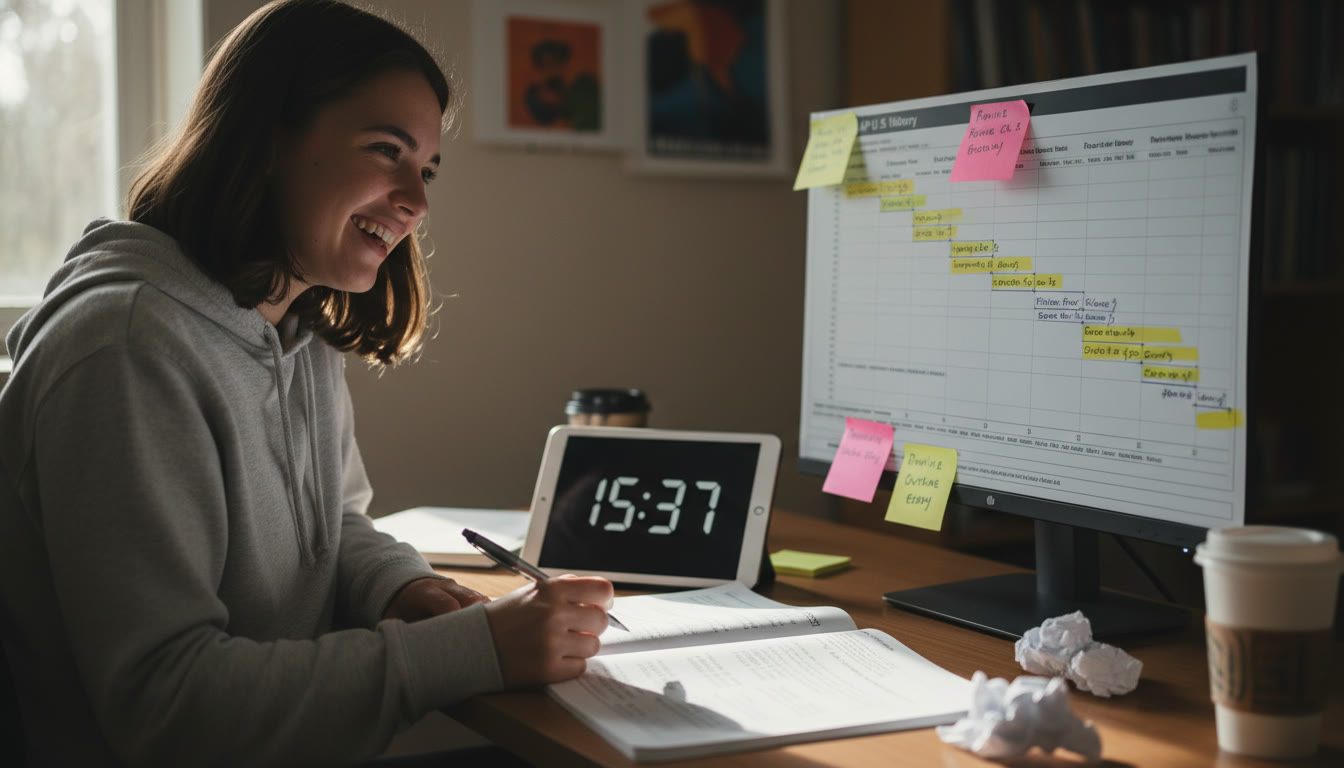 Photo Idea : Mid-article image of a student taking a timed practice exam at a desk with a Gantt printed nearby, annotated with sticky notes and a highlighted revision plan.
