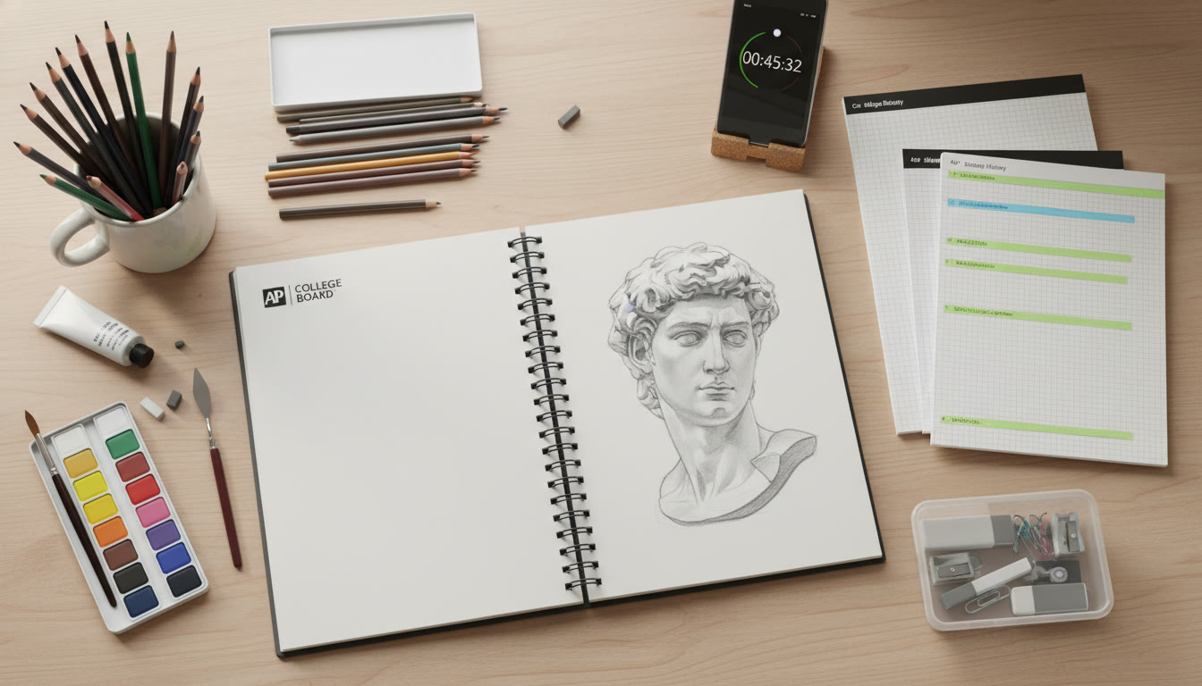 Photo Idea : A top-down shot of a neat student workspace showing a sketchbook, pencils, a paint set, and a smartphone timer — conveys an organized, budget-conscious studio.