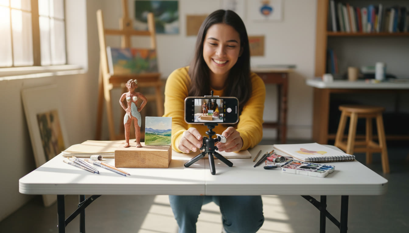 Photo Idea : A bright, overhead shot of a student arranging a small still-life of an artwork and taking a photo with a smartphone and tripod. Shows careful setup and hands-on process.