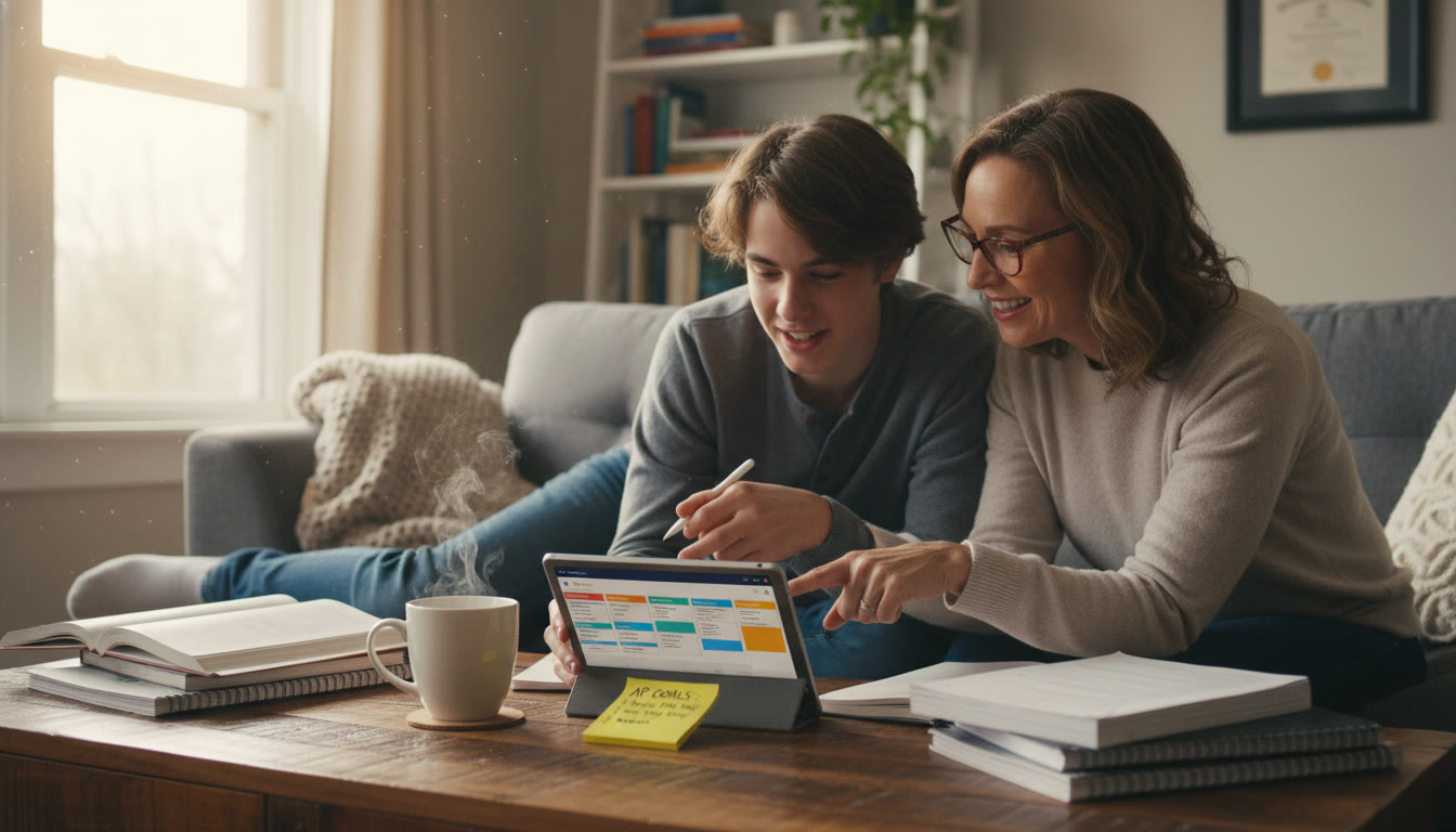 Photo Idea : A relaxed study setup in the living room with a parent and student reviewing an AP study schedule on a tablet; the image should show collaboration, a cup of tea, and a visible sticky-note plan.