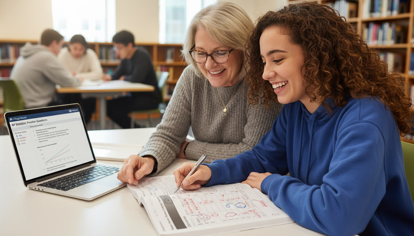 Photo Idea : A student and a tutor working together over a practice AP Statistics packet, pointing at a table in an appendix. The photo shows collaboration, clear annotations on the page, and a laptop with practice problems — conveys how guided practice builds appendix fluency.