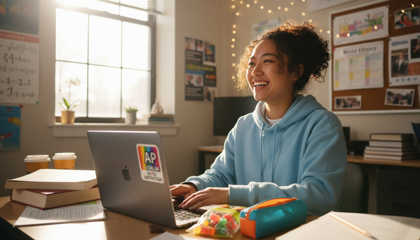 Photo Idea : A hopeful, energizing image of a teen smiling while closing a laptop after a productive study session, with a small celebratory snack or sticker nearby to hint at the reward system.