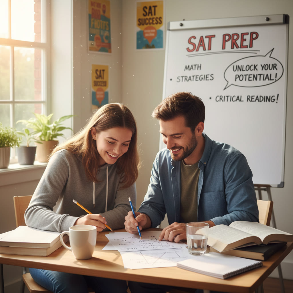 Photo idea: A student and tutor working together at a small desk, pointing to a math problem on paper, illustrating personalized one-on-one tutoring sessions.