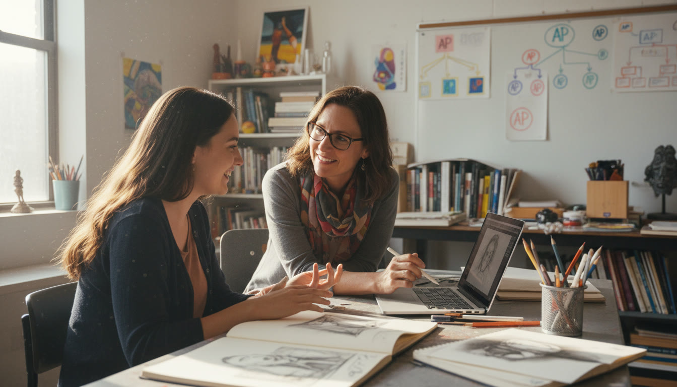 Photo Idea : A student in a studio with a laptop and sketchbook, receiving feedback from a tutor—visualizes the collaborative process and mentorship.