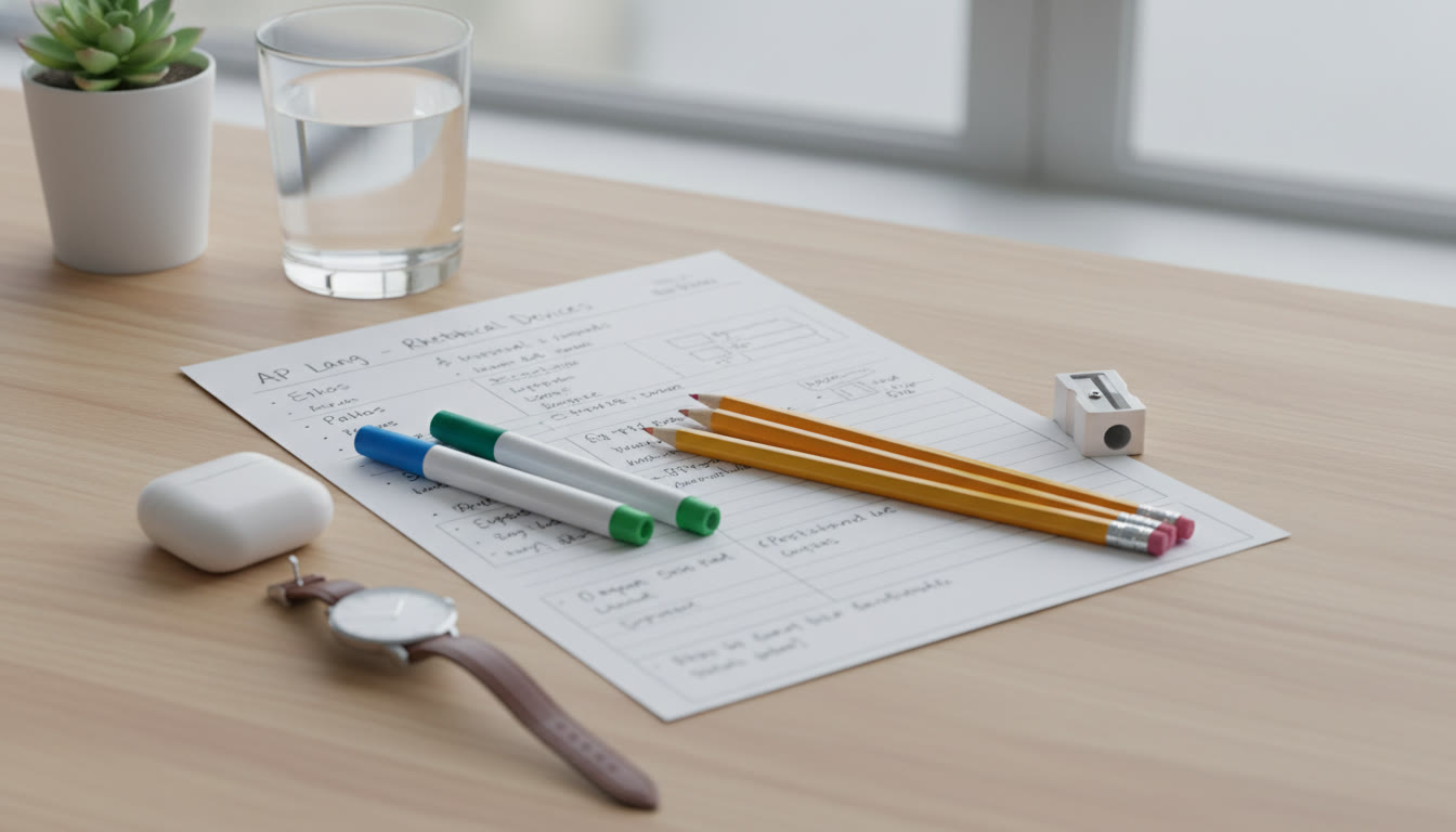 Photo Idea : A calm test-day flatlay: pencils, an organized one-page study sheet, earbud case, and a watch — visual cues for preparedness and low anxiety.