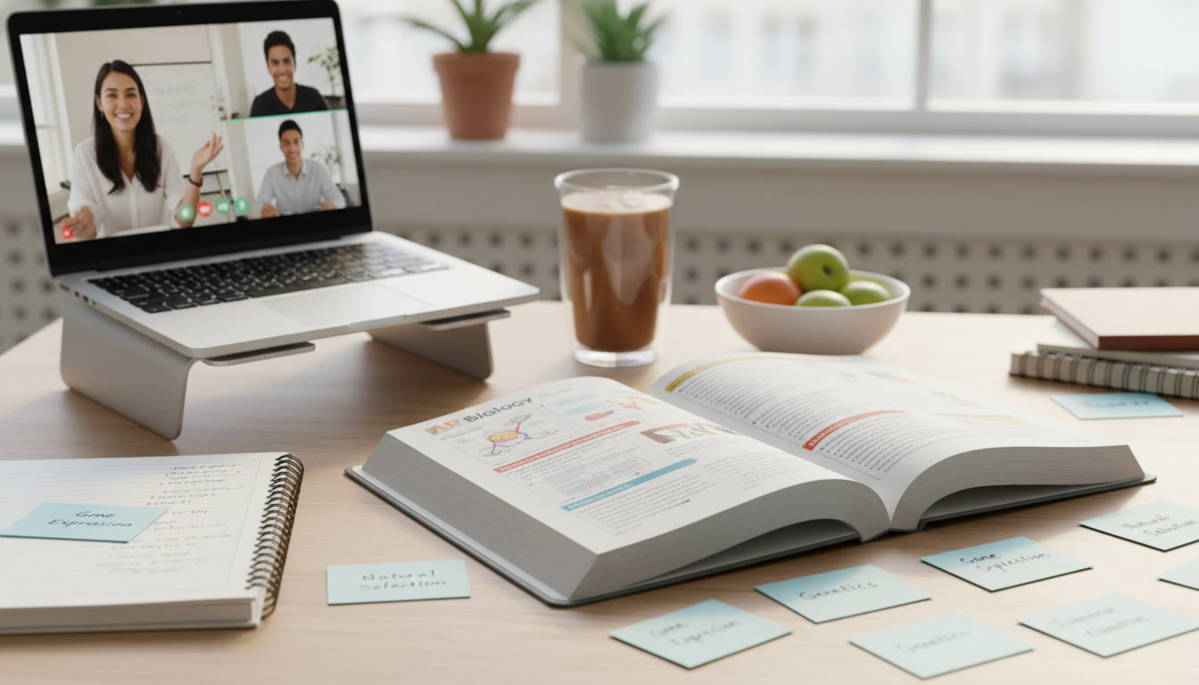 Photo Idea : A bright, modern study desk with an open AP Biology textbook, scattered flashcards labeled 'Gene Expression' and 'Natural Selection', and a laptop showing a tutor video—conveys focused study with personalized guidance.