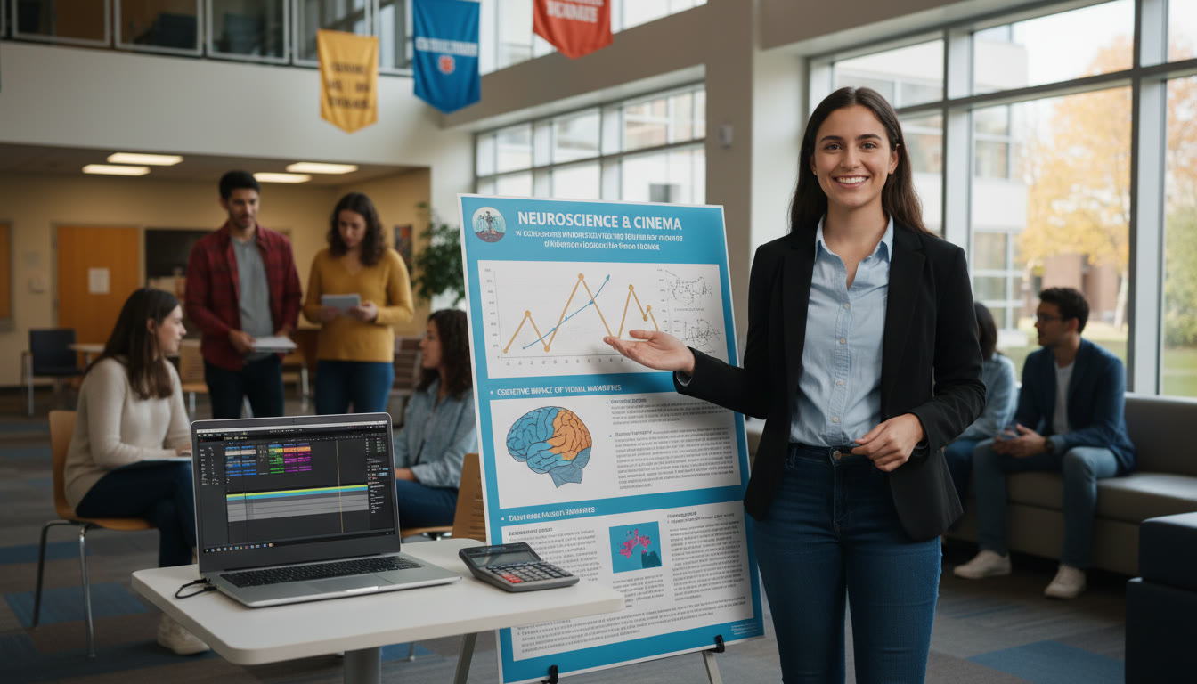 Photo Idea : A senior presenting a research poster next to a laptop showing a film timeline and a calculator — symbolizing interdisciplinary achievement and confidence.