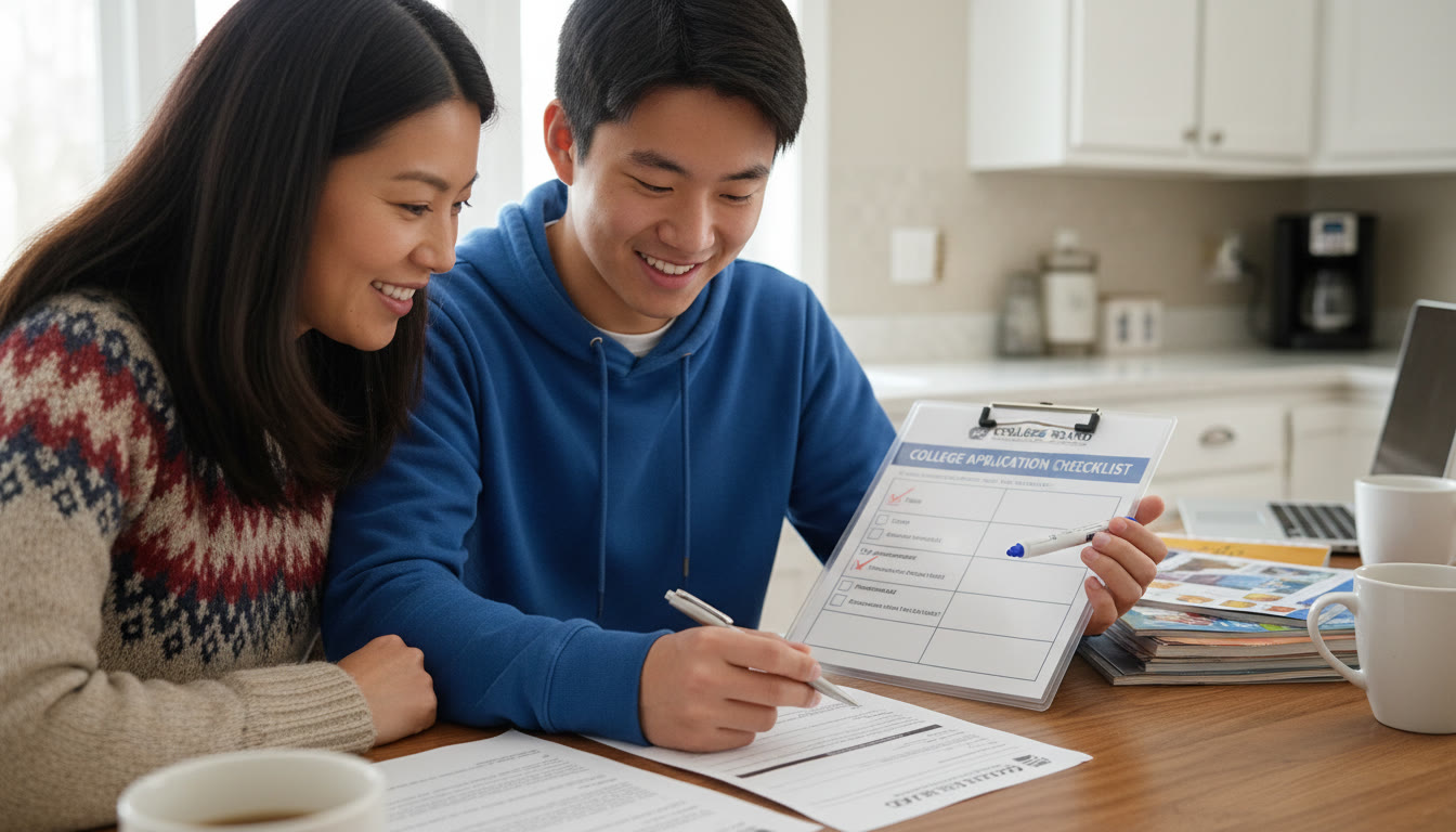 Photo Idea : A warm, candid shot of a student and parent reviewing a printed high-school transcript and a college checklist together   emphasizing partnership and planning.