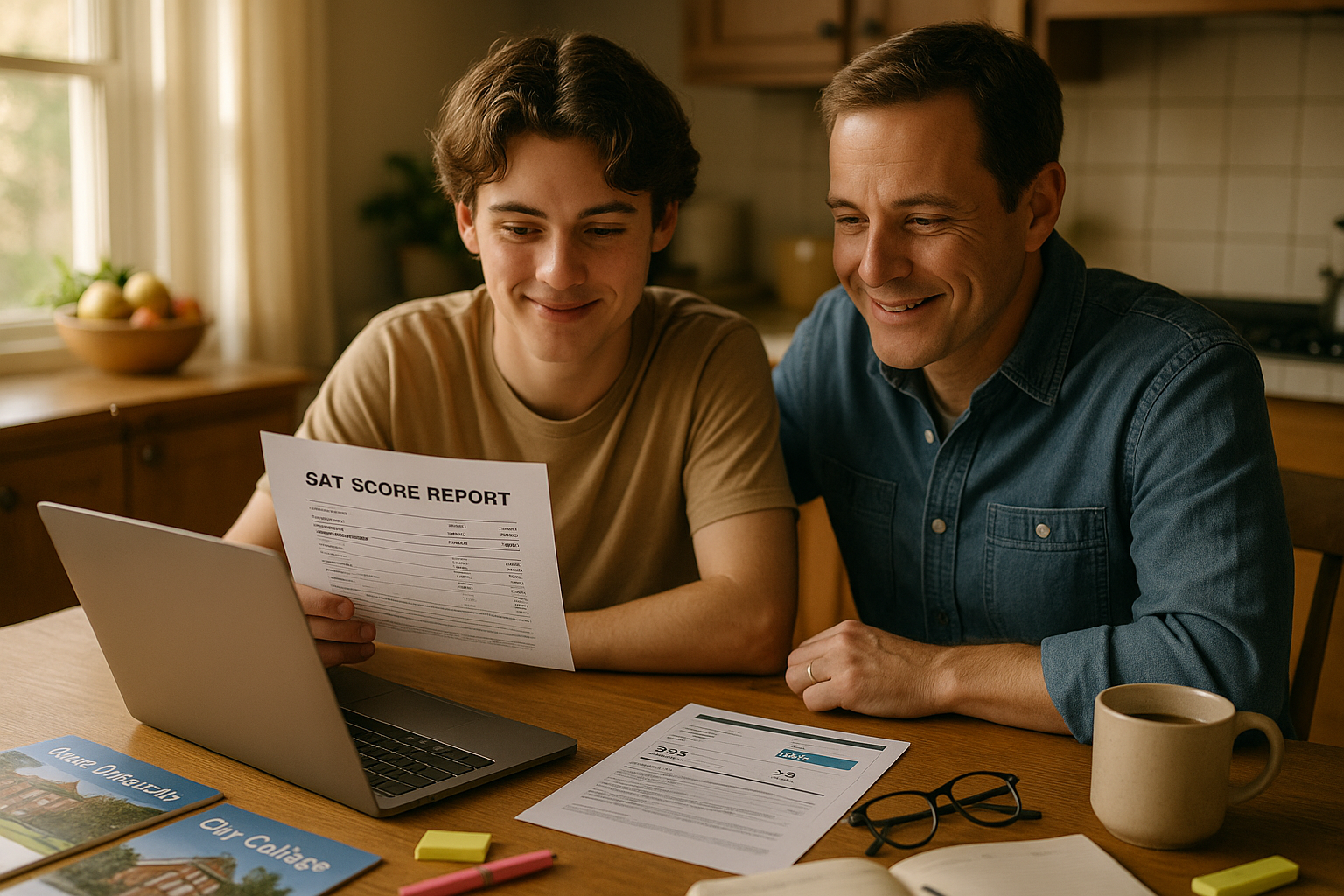 Photo Idea : A cozy kitchen table scene—student and parent looking over a laptop and a printed SAT score report, surrounded by college brochures and a planner.