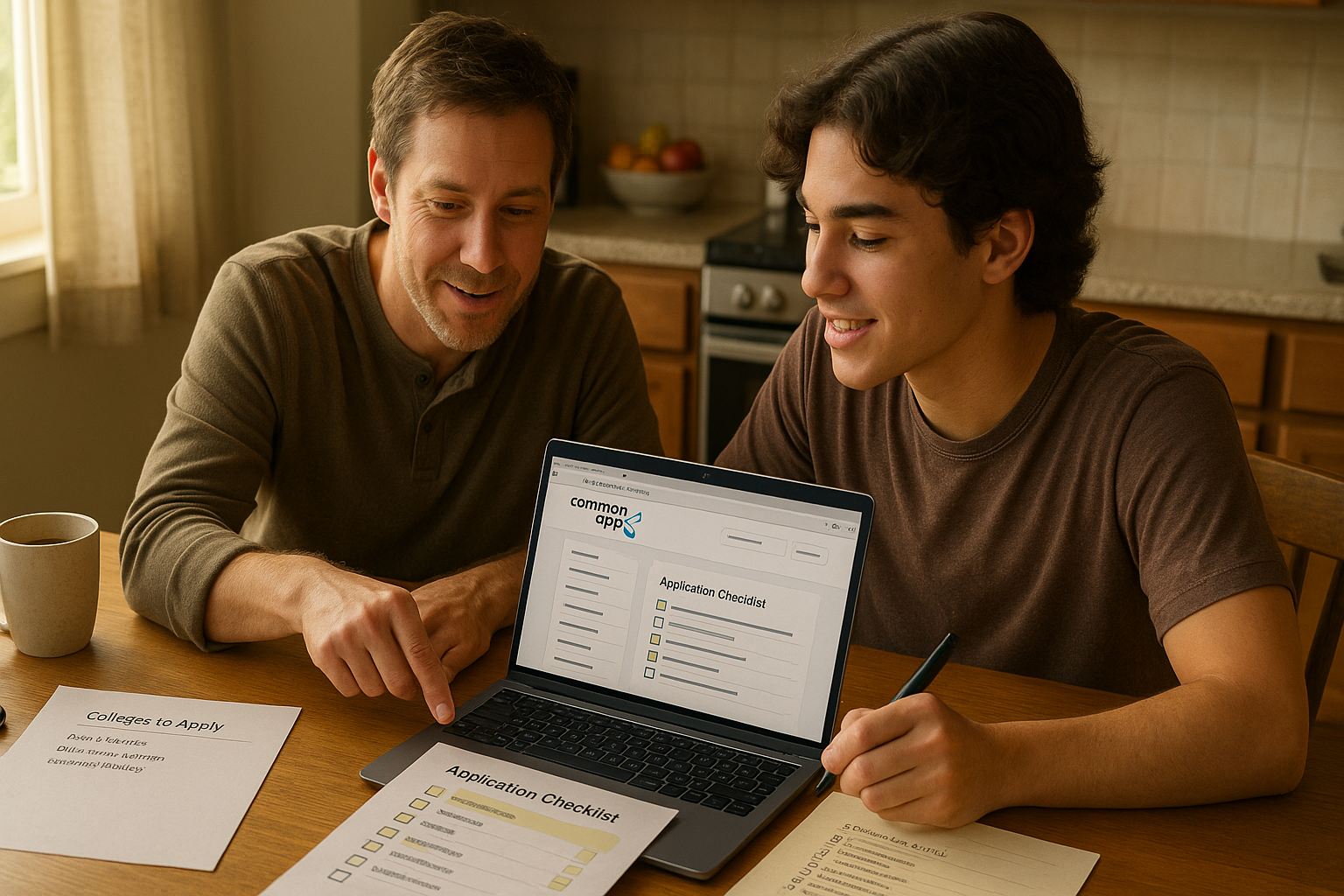 Photo Idea : A parent and student reviewing an application checklist at a kitchen table, with a laptop showing the Common App and a printed list of colleges. Warm, collaborative mood.