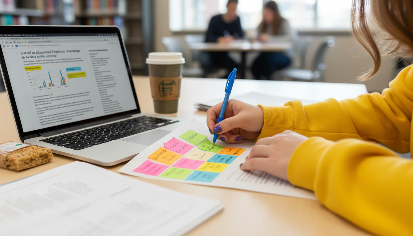 Photo Idea : Close-up of a student annotating a draft with colorful sticky notes and a laptop open to a research article — conveys active revision and critical thinking.