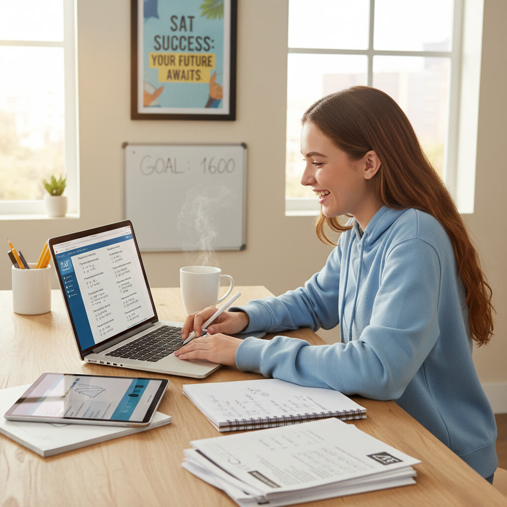 Photo Idea : A focused student at a desk using a laptop and tablet, with practice tests, a notebook, and a cup of coffee — a warm, purposeful scene that suggests modern, digital SAT prep.